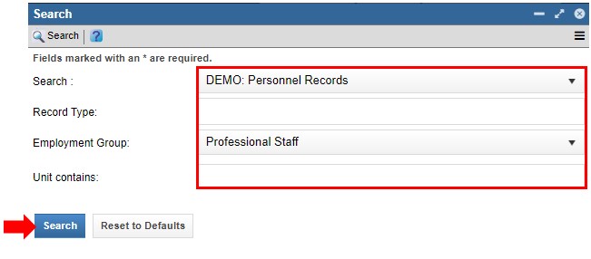 The Search panel shows a list with several fields. The top three fields – Search, Record Type, Employment Group, and Unit contains – are circled in red. On the bottom left of the Search panel is a blue Search button with a red arrow pointing at it