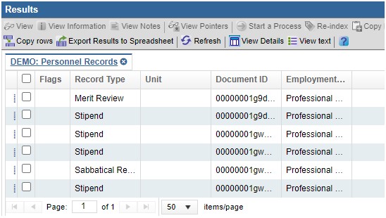 Zoomed in view of the Results panel featuring a toolbar menu at the top. Below the toolbar menu is a list of Search results displaying several data columns. A bar at the bottom of the panel indicates current page, total number of pages, and number of items per page