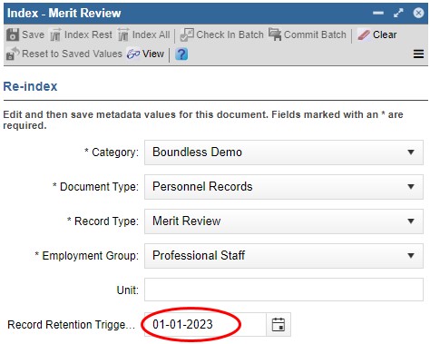Zoomed in view of the Index panel displaying a toolbar at the top and 5 “Re-index” field options below: Category, Document Type, Record Type, Employment Group, Unit and Record Retention Trigger Date. The Record Retention Trigger Date field is pre-filled with the date of “01-01-2023” which is circled in red