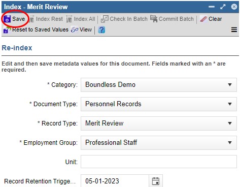 Zoomed in view of the Index panel listing 5 “Re-index” fields: Category, Document Type, Record Type, Employment Group, Unit and Record Retention Trigger Date. The pre-filled Record Retention Trigger Date field has been changed to “05-01-2023”. The “Save” tool in the top toolbar is circled in red