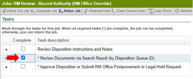 Zoomed in view of the Jobs panel. Three tasks are shown: Review Disposition Instructions and Notes, Review Documents via Search Result (by Disposition Queue ID), and Approve Disposition or Submit RM Office Postponement or Legal Hold Request. The second task, Review Documents via Search Result (by Disposition Queue ID), is selected with a red arrow pointing at it.