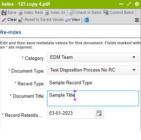 Zoomed in view of the Index panel listing 5 Re-index fields: Category, Document Type, Record Type, Document Title, and Record Retention Trigger Date.