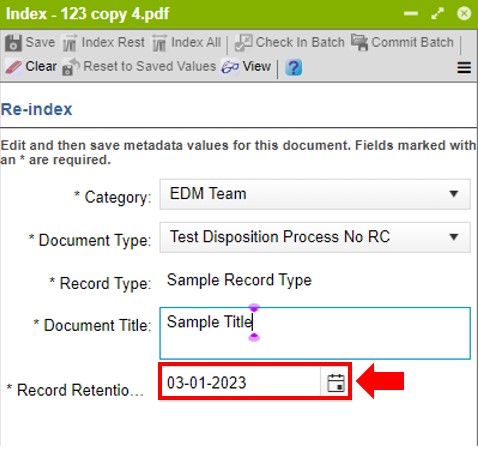 Zoomed in view of the Index panel displaying a toolbar at the top and 5 Re-index field options below: Category, Document Type, Record Type, Document Title, and Record Retention Trigger Date. The Record Retention Trigger Date field is pre-filled with the date of 03-01-2023 highlighted in red and arrow pointing to it.