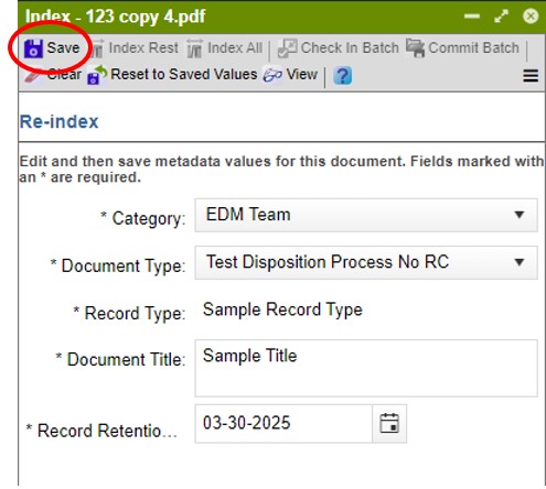 Zoomed in view of the Index panel listing 5 Re-index fields: Category, Document Type, Record Type, Document Title, and Record Retention Trigger Date. The pre-filled Record Retention Trigger Date field has been changed to 03-30-2023. The Save option in the top toolbar is circled in red.