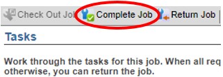 Zoomed in view of the toolbar at the top of the Jobs panel. The option Complete Job is highlighted in red.