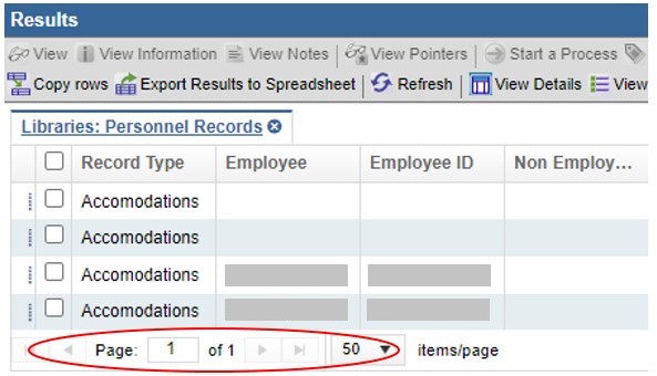 Zoomed in view of the Results panel. The bar at the bottom of the panel, which shows the current page, total number of pages, and the number of items per page, is circled in red. There are four clickable arrows on each side of the current page indicator, two on the left side and two on the right. Next to the “items per page” indicator is a drop-down menu box.