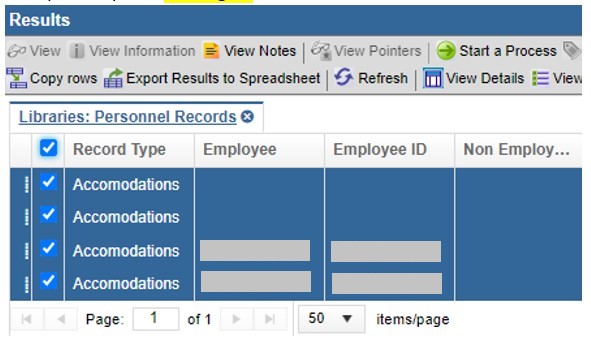 Zoomed in view of the Results panel displaying a list of Search results rows. All visible rows are highlighted in blue. The checkboxes are all checked showing that all results are now selected.