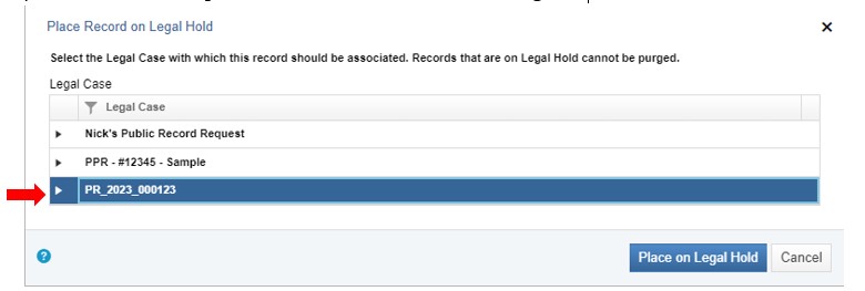 Dialog box displaying three distinct Legal Case options. The third option – PR_2023_000123 – is highlighted in blue, indicating it is the selected option. A red arrow points at the selected Legal Case.