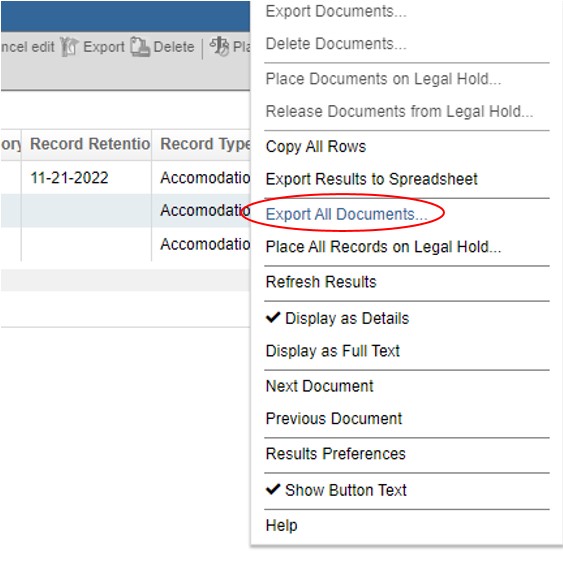 Zoomed in view of the expanded Panel Menu. The “Export All Documents…” option on the list is circled in red.