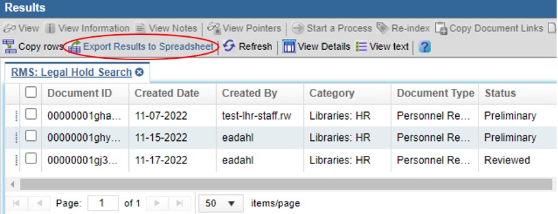 Zoomed in view of the Results panel with a toolbar at the top. The toolbar option for “Export Results to Spreadsheet” is circled in red.
