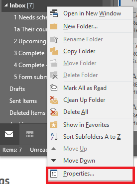 Screenshot of a right click on folder with properties highlighted