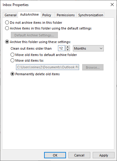 disable auto archive outlook 2016 local group policy