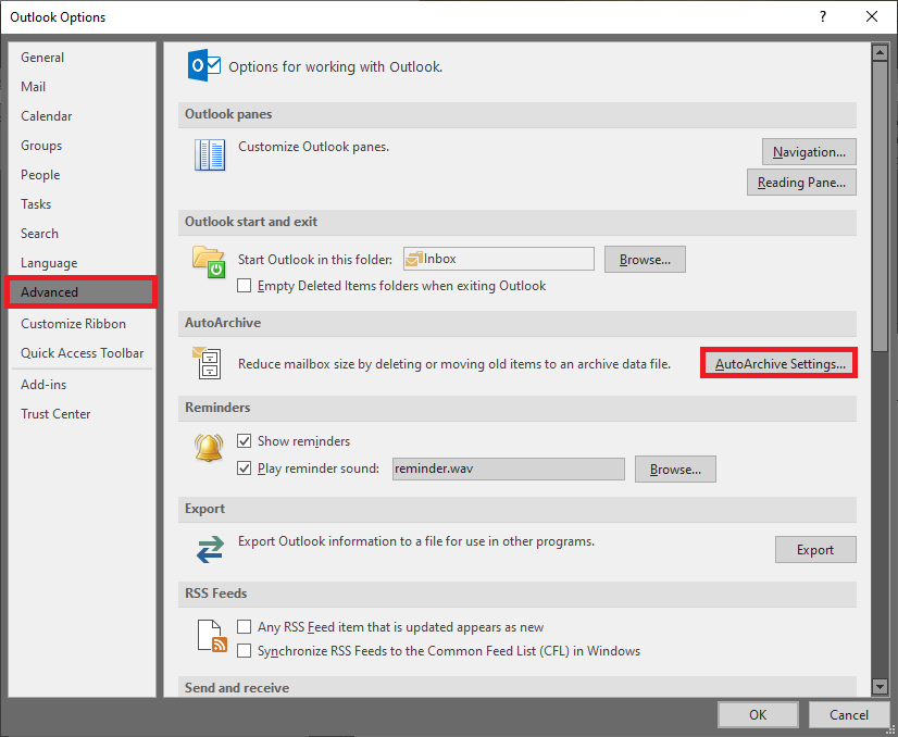 Screenshot of Outlook Options page with advanced options highlighted