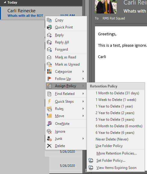 Screenshot of right-click on an individual email