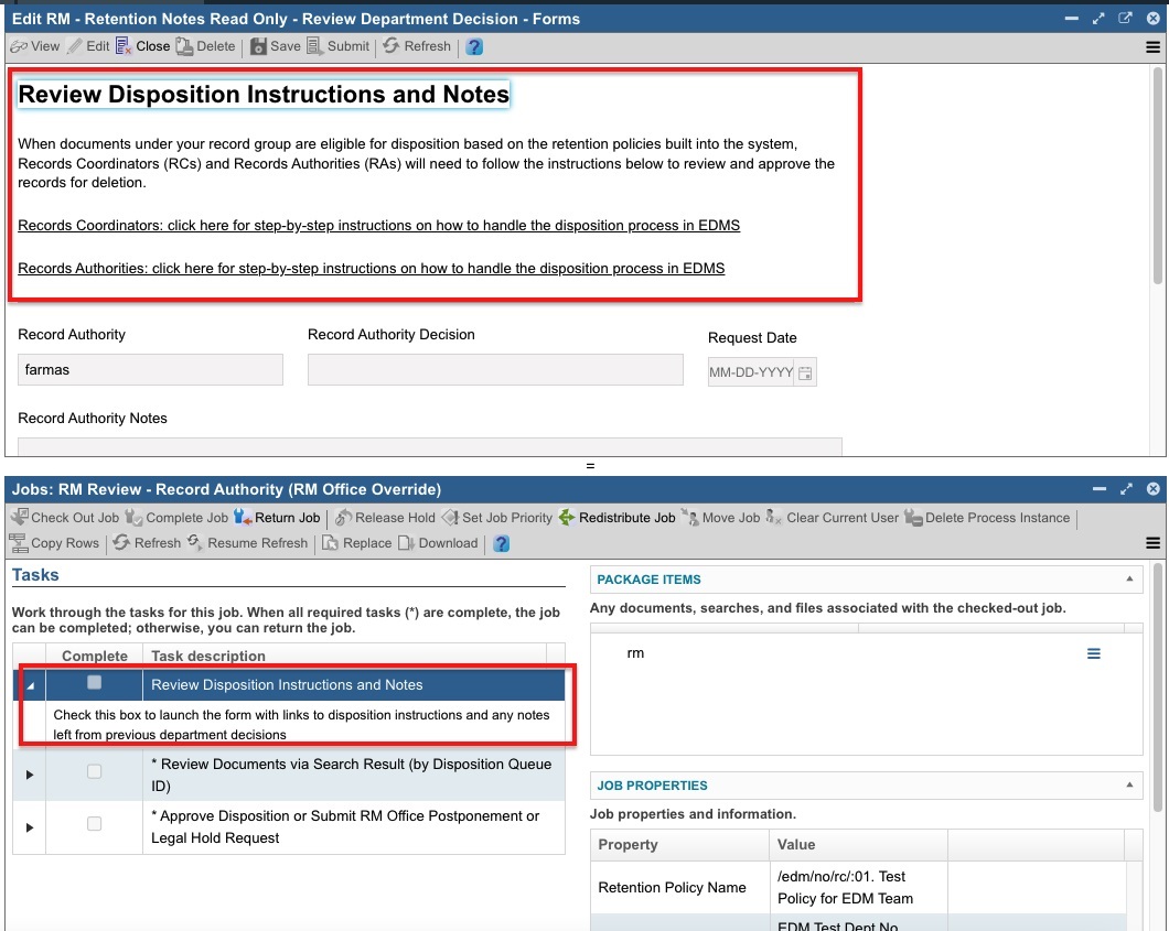 Zoomed pop-up panel called Review Disposition Instructions and Notes in the top half of the image. This section is circled in red. The bottom half of the image displays the Jobs - Tasks screen from image 5, with the first task titled Review Disposition Instructions and Notes highlighted in blue and circled in red