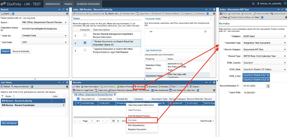 DocFinity with Search panel, Job Views, Jobs - Tasks, Results, and Index Panels all displayed. The Results panel has the toolbar button Re-Index circled in red, the subsequent popup window option with Re-Index circled and arrows from both circles leading to the Index-Document panel