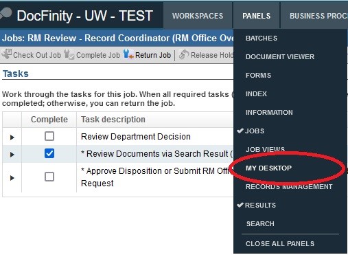 Zoomed in drop down menu from Panels button in the very top of the DocFinity webpage. The drop down option titled MY DESKTOP is circled in red