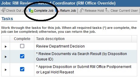 Zoomed in Jobs - Task panel with the button titled Complete Job with a green checkmark icon next to it, circled in black