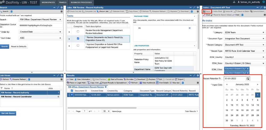 DocFinity with Search panel, Job Views, Jobs - Tasks, Results, and Index Panels all displayed. The Index Panel has the Record Retention Trigger Date space circled in red and the Save button in the Index Panel toolbar both also circled in red