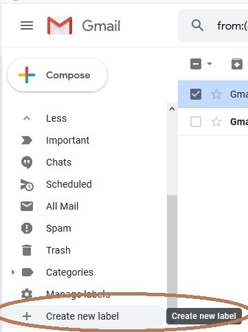 Screenshot of a web browser on gmail. Zoomed in and highlighting the create new label button