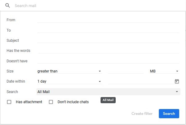 Screenshot of the expanded search filters in Gmail