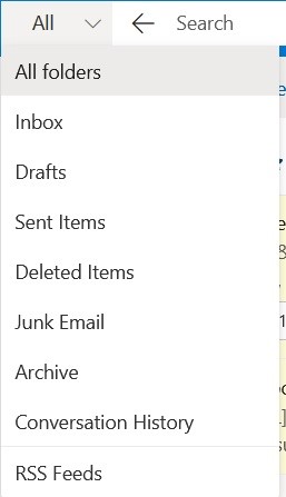 Screenshot of the search dropdown menu in Outlook, selecting the Current Mailbox option from the dropdown
