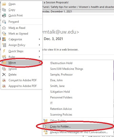 Screenshot of the popup window when right clicking on a group of emails in Outlook, hovering over the Move item in the dropdown and selecting the Copy to Folder option from the new popup