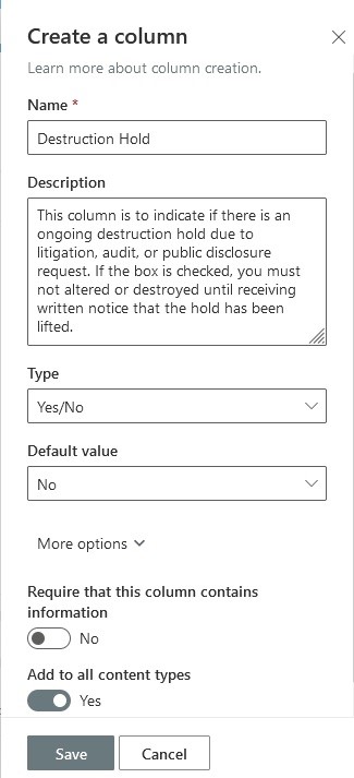 Screenshot of the popup window from the Create a column with information filled in for the new Destruction Hold folder