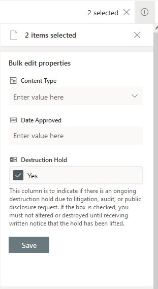 Screenshot of Sharepoint popup window after clicking on the information button of selected items. Popup displays bulk edit properties