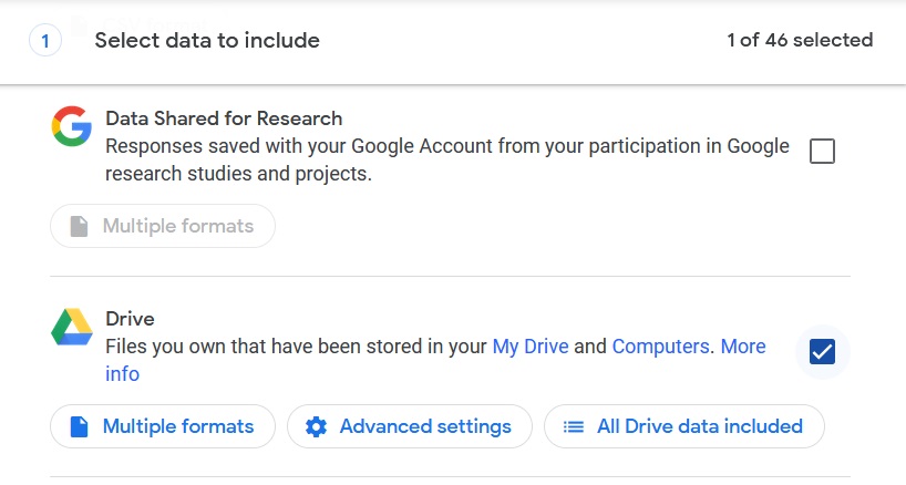 The Google Drive section of the dropdown menu. White box next to it is now blue with a checkmark through it. Buttons below saying 'Multiple Fromats' 'Advanced Settings' 'All Drive data included' are now blue and able to be clicked