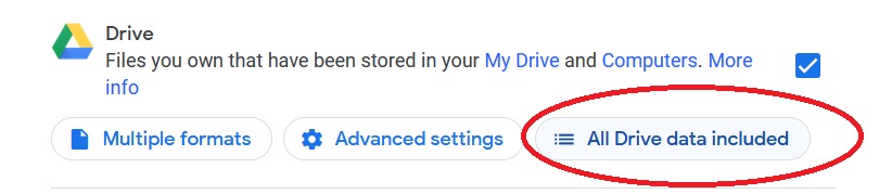 The Google Drive section of the dropdown menu. White box next to it is now blue with a checkmark through it. Buttons below saying 'Multiple Fromats' 'Advanced Settings' 'All Drive data included' are now blue and able to be clicked. The 'All Drive data included' button is circled in red.