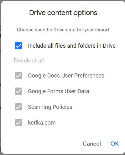 Popup window with a blue checkmark next to 'Include all files and folders in Drive' selected. All options below it are greyed out and users are unable to click them