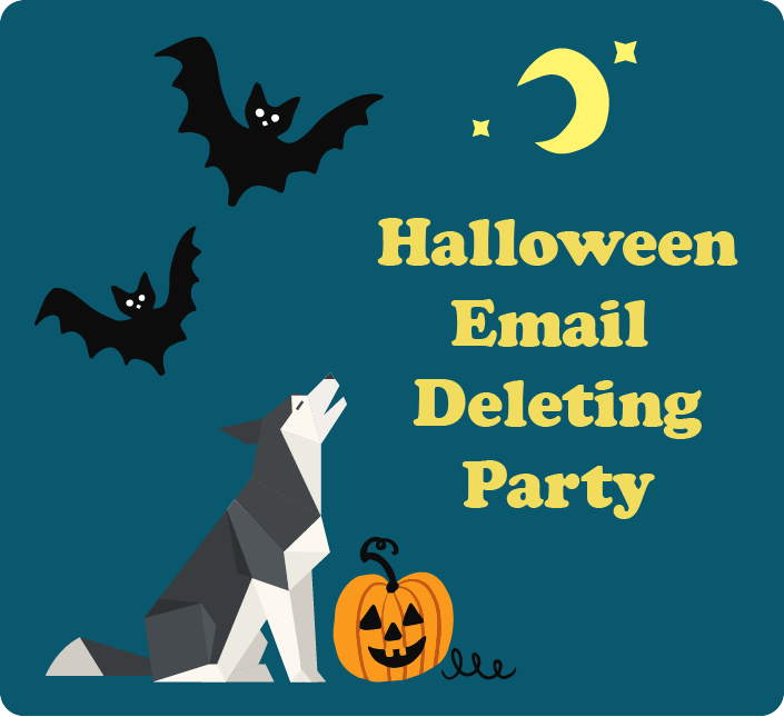 A husky dog sitting next to a jack-o-lantern baying at the moon with bats in the sky text halloween email deleting party