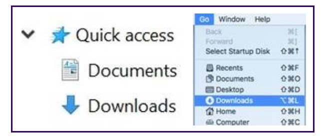 screenshot of PC Quick access menu documents and downloads folder and Mac menu Go and Downloads folder