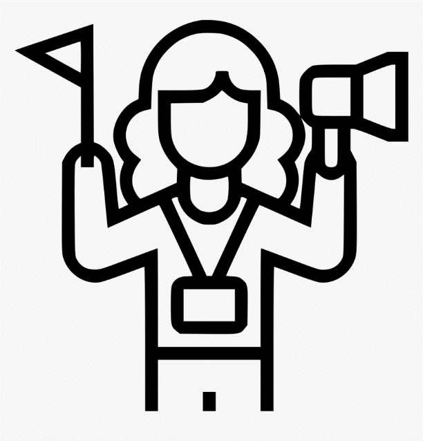 icon drawing of a tour guide woman wearing an ID badge and holding a flag and megaphone