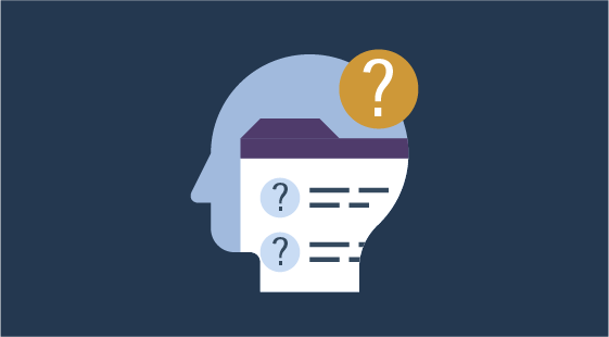 light blue generic head icon with purple file tab inside and orange question mark on top