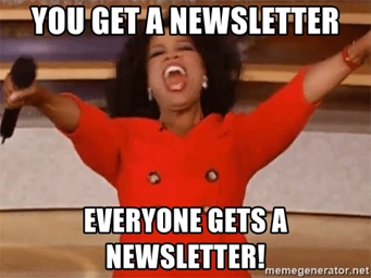 Oprah holding microphone with wide arms shouting at audience you get a newsletter everyone gets a newsletter