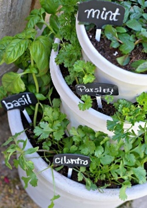 photo of triple layer white garden planter with labeled herb plants