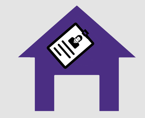 purple dog house geometric shape with icon of ID badge on its roof