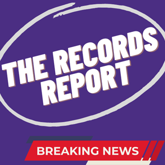 THE RECORDS REPORT circled white text on purple background with tv news-style banner reading BREAKING NEWS
