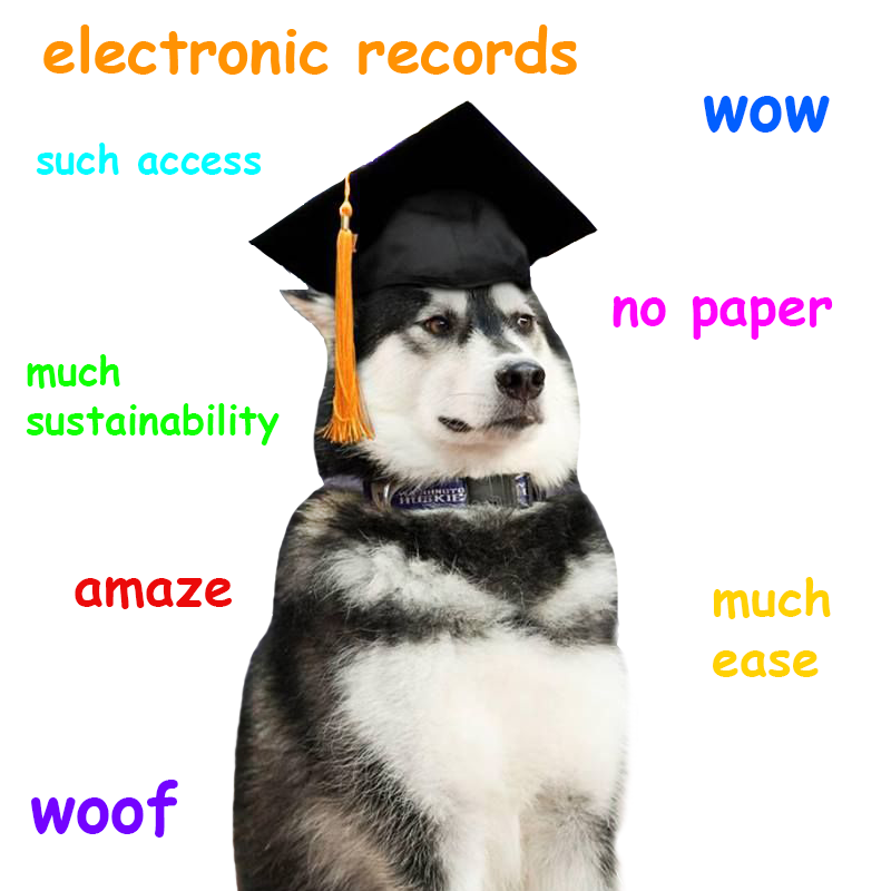 Dubs the husky mascot in a graduation mortarboard cap in the style of doge meme with words describing the benefits of going paperless