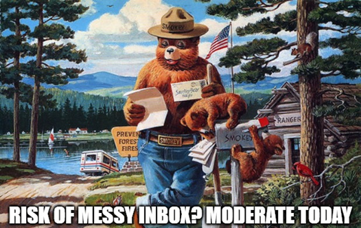 smokey the bear retro poster smokey checking full mailbox with cubs meme text reads risk of messy inbox? moderate today