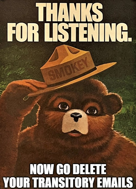 smokey the bear retro poster smokey lifting hat says thanks for listening now go delete your transitory emails