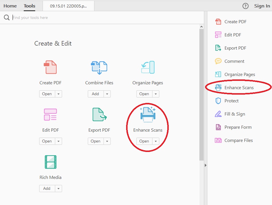 a PDF, opened in Adobe Acrobat Pro, with a list of tools. The two locations of the 'Enhance Scans' button are circled
