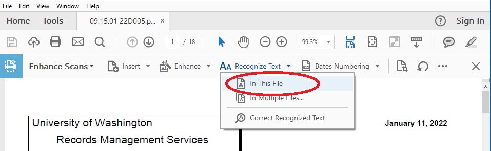 a drop down menu from the 'Recognize Text' button, the 'In This File' button is circled