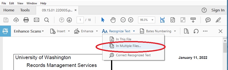 a drop down menu from the 'Recognize Text' button, the 'In Multiple Files' button is circled