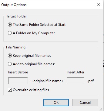 the popup window in Adobe Acrobat Pro after clicking the 'OK' button featuring the Output Option settings