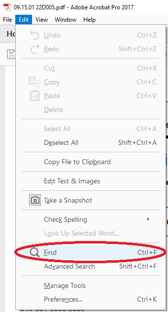 the drop down menu after having clicked the 'Edit' button. The 'Find' button with a magnifying glass icon is circled