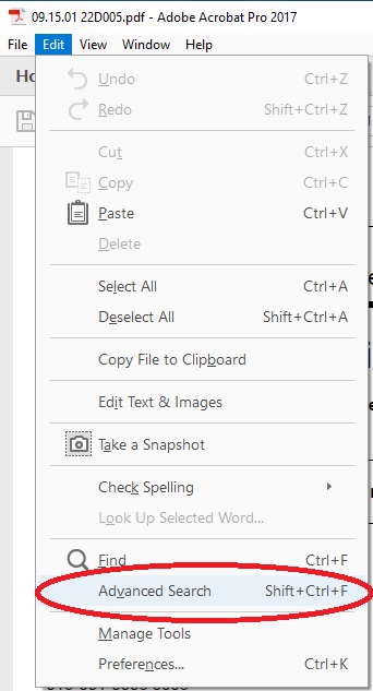 the drop down menu after having clicked the 'Edit' button. The 'Advanced Search' button is circled