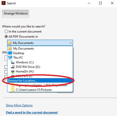 the Advanced Search pop up with a drop down menu extended under the 'All PDFs in' section, displaying a list of computer folders